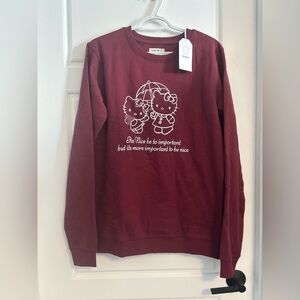NWT Hello Kitty Embroidered Sweatshirt Burgundy Wine Oversized Comfy Siz…